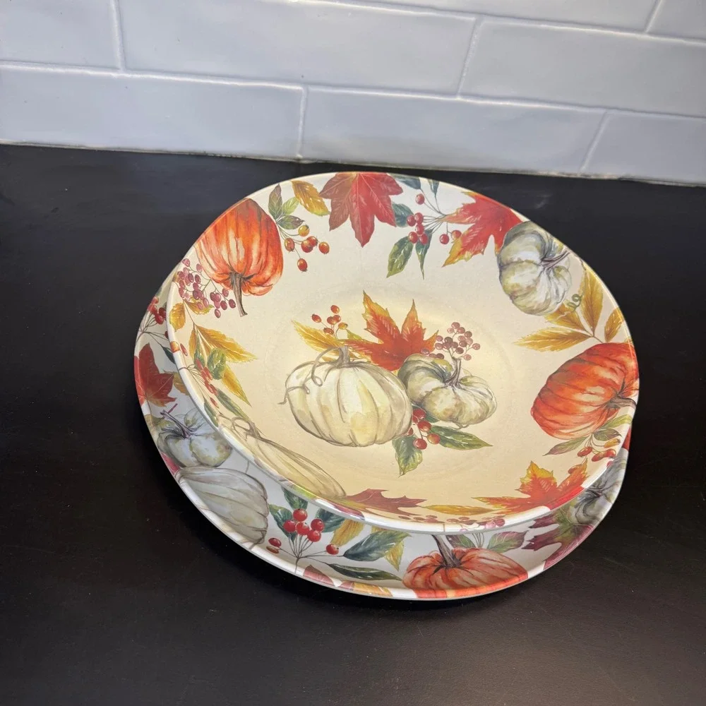 Bee & Willow Serving Bowl Tray Set Home Cream Orange Pumpkin Leaf Melamine
